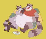  anthro belly belly_overhang big_belly chubby_cheeks claws clothed clothing cookie dogburger duo eating feeding food fur grey_body grey_fur holding_food holding_object male mammal midriff moobs morbidly_obese navel nude obese obese_male open_mouth open_smile overweight overweight_male pillow plate procyonid raccoon reclining ringtail sitting smile teeth toe_claws tongue 