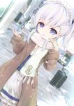  1girl absurdres anchor_symbol apron azur_lane bangs belchan_(azur_lane) belfast_(azur_lane) black_ribbon blue_dress blurry blurry_background blush braid brown_coat coat commentary day depth_of_field dress dutch_angle eyebrows_visible_through_hair frilled_dress frills fringe_trim hair_ribbon hands_up highres long_hair long_sleeves looking_at_viewer maid maid_headdress maru_shion open_clothes open_coat outdoors parted_lips purple_eyes ribbon road scarf sleeves_past_wrists solo street waist_apron white_apron white_hair white_scarf 