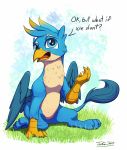 2019 3_toes 4_fingers avian beak blue_body blue_eyes blue_feathers digital_media_(artwork) feathered_wings feathers feral fingers friendship_is_magic gallus_(mlp) grass gryphon male my_little_pony open_mouth reaction_image sitting solo toes tongue tsitra360 wings 