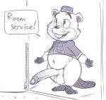  2019 anthro balls beaver bellhop belly big_belly big_penis clothing digital_media_(artwork) emenius erection foreskin fur humanoid_penis long_penis male mammal navel open_mouth penis rodent smile solo teeth text 