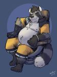  anthro art_mutt belly bracelet chair clothed clothing fur furniture grey_body grey_fur jewelry jumpsuit male mammal navel nipples open_clothing procyonid prosthetic raccoon ringtail sitting slightly_chubby smile smirk solo 