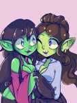  2017 black_hair breasts brown_hair cleavage clothed clothing duo ear_piercing ear_ring female glittermiilk goblin green_body green_skin hair hand_holding humanoid humanoid_pointy_ears not_furry piercing purple_eyes simple_background smile 