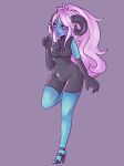  2016 absurd_res black_sclera breasts clothing female footwear glittermiilk grey_background hair hi_res high_heels horn horned_humanoid humanoid long_hair on_one_leg pink_eyes shoes simple_background solo standing tongue tongue_out 
