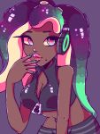  2017 animal_humanoid beauty_mark breasts cephalopod cephalopod_humanoid cleavage clothed clothing dark_skin female glittermiilk humanoid inkling looking_aside marina_(splatoon) marine marine_humanoid mollusk mollusk_humanoid navel nintendo pseudo_hair simple_background solo splatoon tentacle_hair tentacles video_games zipper 