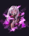  1girl aura black_background brown_gloves dark_aura fire_emblem fire_emblem_awakening fire_emblem_heroes gloves grima_(fire_emblem) grin hood hood_down long_sleeves moch_ka_game red_eyes robin_(fire_emblem) robin_(fire_emblem)_(female) simple_background smile solo twintails upper_body white_hair 