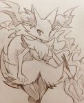  anthro braixen breasts canid canine curemitsuba female fur inner_ear_fluff looking_at_viewer mammal nintendo pok&eacute;mon pok&eacute;mon_(species) simple_background sketch solo standing stick tuft video_games 