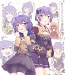  1girl age_comparison arrow bernadetta_von_varley bike_shorts blood blush bow_(weapon) breasts cleavage closed_eyes dress dual_persona earrings fire_emblem fire_emblem:_three_houses garreg_mach_monastery_uniform gloves grey_eyes hair_ornament holding holding_arrow holding_bow_(weapon) holding_weapon hood hood_down jewelry long_sleeves multiple_views open_mouth plant potted_plant purple_hair saisyuusensi short_dress short_hair uniform weapon yellow_gloves 