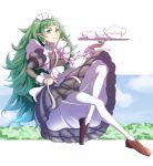  1girl absurdres braid closed_mouth cup fire_emblem fire_emblem:_three_houses full_body green_eyes green_hair gzo1206 highres holding holding_plate long_hair long_sleeves maid maid_headdress plate pointy_ears shoes solo sothis_(fire_emblem) teacup teapot twin_braids white_legwear 