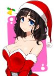  1girl bangs bare_shoulders bell belt black_belt black_hair blue_eyes blunt_bangs blush breasts cleavage collarbone commentary_request detached_sleeves dress earrings eyebrows_visible_through_hair hat highres jewelry large_breasts looking_at_viewer mole mole_on_neck nijisanji red_dress red_headwear santa_costume santa_hat short_hair smile solo strapless strapless_dress suzuka_utako tajima_yuuki upper_body white_background 