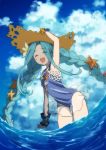  1girl :d arm_up armpits blue_hair blue_swimsuit braid brown_headwear casual_one-piece_swimsuit closed_eyes cloud day flat_chest floating_hair granblue_fantasy hand_on_headwear hat leaning_forward long_hair lyria_(granblue_fantasy) mifuta ocean one-piece_swimsuit open_mouth outdoors see-through shiny shiny_hair smile solo straw_hat sun_hat swimsuit twin_braids twintails very_long_hair wrist_cuffs 
