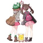  2girls ankle_boots backpack bag bare_legs black_footwear black_jacket boots brown_footwear brown_hair commentary_request dog from_behind full_body gen_8_pokemon green_headwear grey_coat hair_ribbon high_heel_boots high_heels holding holding_phone hood hood_down hooded_coat jacket long_hair long_sleeves mary_(pokemon) multiple_girls nemoto_yuuma phone pink_skirt pokemon pokemon_(creature) pokemon_(game) pokemon_swsh purple_ribbon ribbon rotom_phone self_shot simple_background skirt sleeves_past_wrists standing tam_o&#039;_shanter twintails white_background yamper yuuri_(pokemon) 