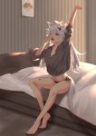  1girl absurdres animal_ears antenna_hair arknights arm_up bangs bare_legs barefoot bed black_nails black_panties black_shirt blanket breasts chinese_commentary cleavage commentary_request full_body grey_eyes hair_between_eyes hair_ornament hairclip hand_up highres indoors lappland_(arknights) long_hair looking_at_viewer midriff nail_polish no_pants one_eye_closed panties picture_(object) pillow scar scar_across_eye shadow shirt short_sleeves side-tie_panties silver_hair sitting solo stretch striped tail thighs underwear v_xiaoyang_zi_v vertical_stripes wolf_ears wolf_tail 