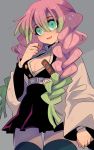  1girl belt braid breasts cleavage gradient_hair green_eyes green_hair grey_background haori highres japanese_clothes kanroji_mitsuri kimetsu_no_yaiba large_breasts long_hair long_sleeves mako_gai mole mole_under_eye multicolored_hair open_clothes open_mouth pink_hair simple_background skirt smile solo thighhighs zettai_ryouiki 