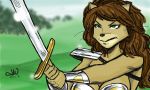  2012 anthro armor breasts domestic_cat felid feline felis female hi_res holding_object holding_sword holding_weapon mammal melee_weapon mitchatt solo sword unconvincing_armor warrior weapon 