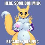  2019 anthro bodily_fluids boiful breasts canid canine claws clothing digimon digimon_(species) english_text female front_view fur gloves handwear lactating looking_at_viewer mammal meme navel nipples nude pussy renamon simple_background smile solo text thigh_gap white_body white_fur wide_hips yellow_body yellow_fur 