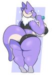  2019 anthro big_breasts big_butt breasts butt clothed clothing dgenr digital_media_(artwork) female fur horn huge_breasts huge_butt kobold scalie simple_background solo thick_thighs white_body white_fur 