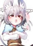  ! !? 1girl angry animal_ears bangs blush capelet dress eyebrows_visible_through_hair grey_dress grey_hair grey_skirt grey_vest highres kibayashi_kimori long_sleeves mouse mouse_ears mouse_tail nazrin open_mouth red_eyes shirt short_hair skirt skirt_set solo sweatdrop tail touhou upper_body upper_teeth upset vest white_shirt 