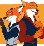  2019 anthro belt black_nose blush canid canine clothed clothing disney eyes_closed fox fur gloves_(marking) grainy green_eyes hi_res looking_at_viewer male mammal markings nick_wilde one_eye_closed open_mouth open_smile red_fox robin_hood robin_hood_(disney) simple_background smile uochandayo wink zootopia 