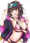  1girl bangs bare_shoulders bikini black_jacket blush breasts brown_hair cleavage fate/grand_order fate_(series) goggles goggles_on_head gradient_hair hands_up headset jacket kurikara large_breasts long_hair long_sleeves looking_at_viewer multicolored_hair navel off_shoulder open_clothes open_jacket open_mouth osakabe-hime_(fate/grand_order) osakabe-hime_(swimsuit_archer)_(fate) pink_bikini pink_scarf scarf simple_background ski_goggles solo swimsuit white_background 