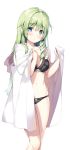  1girl bangs bare_shoulders black_bra black_panties blanket blue_eyes blush bow bow_panties bra breasts cleavage collarbone commentary_request eyebrows_visible_through_hair feet_out_of_frame green_hair hair_between_eyes hair_ornament hair_tubes hands_up kochiya_sanae long_hair looking_at_viewer medium_breasts miyase_mahiro navel panties parted_lips sidelocks simple_background snake_hair_ornament solo standing stomach thighs touhou underwear underwear_only white_background 