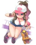  1girl bag bare_arms bare_legs bare_shoulders baseball_cap between_breasts black_vest blue_eyes boots breasts brown_hair closed_mouth denim denim_shorts exposed_pocket full_body gen_5_pokemon hand_on_headwear hand_up hat high_ponytail highres himeshaga long_hair looking_at_viewer looking_up medium_breasts pokemon pokemon_(creature) pokemon_(game) pokemon_bw shirt short_shorts shorts shoulder_bag sidelocks sitting sleeveless sleeveless_shirt smile strap_between_breasts tepig touko_(pokemon) vest white_shirt wristband 