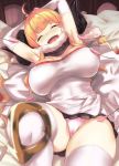  1girl ahoge anila_(granblue_fantasy) arms_up blonde_hair bound bound_wrists breasts breasts_apart commentary_request gloves granblue_fantasy highres horns kztk large_breasts laughing long_hair open_mouth panties revision sheep_horns skindentation solo thick_eyebrows thick_thighs thighhighs thighs tickling underwear white_gloves white_legwear white_panties wince 