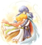  1boy 1girl blue_hair cape closed_eyes couple dress fire_emblem fire_emblem:_genealogy_of_the_holy_war flower headband hetero hug lana_(fire_emblem) long_hair mutual_hug orange_hair ponytail red-50869 seliph_(fire_emblem) short_hair simple_background smile sword tearing_up weapon 