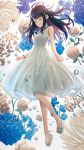  1girl antenna_hair bare_shoulders black_hair blue_flower blue_nails bracelet bubble closed_eyes dress floating_hair flower full_body highres hyuuga_azuri jewelry long_hair long_legs nail_polish necklace original sandals sapphire_(gemstone) sidelocks sleeveless sleeveless_dress solo toenail_polish white_background white_dress white_flower 