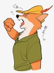  2019 anthro black_nose bodily_fluids canid canine clothed clothing disney eyes_closed fox fur green_clothing green_topwear hat headgear headwear hi_res male mammal open_mouth orange_body orange_fur robin_hood robin_hood_(disney) simple_background tears text topwear translation_request uochandayo white_background yawn 