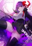  1girl bangs bb_(fate)_(all) bb_(fate/extra_ccc) black_coat blush breasts fate_(series) hair_ribbon high-waist_skirt highres leotard long_hair looking_at_viewer mika_pikazo neck_ribbon purple_eyes purple_hair red_ribbon ribbon skirt very_long_hair white_leotard 