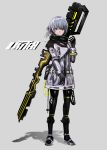  1girl absurdres bangs black_footwear black_gloves black_legwear boots braid closed_mouth commentary dress full_body gloves grey_background grey_dress grey_hair hand_up highres long_hair long_sleeves original pantyhose solo standing tarbo_(exxxpiation) weapon weapon_on_back yellow_eyes 