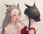  2girls alternate_costume animal_ear_fluff animal_ears arknights bare_shoulders black_hair blush breasts brown_eyes chinese_commentary clearhand closed_eyes commentary_request dress eyeshadow facing_another flower forehead grey_background hair_bun hair_ornament hairclip hands_up highres holding_brush jewelry lappland_(arknights) lipstick long_hair makeup medium_breasts mouth_hold multiple_girls off-shoulder_dress off_shoulder open_mouth pendant red_dress red_lipstick scar scar_across_eye short_hair sidelocks silver_hair simple_background texas_(arknights) upper_body white_dress white_flower wolf_ears yuri 