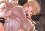  1girl ahoge anila_(granblue_fantasy) bangs blonde_hair blunt_bangs blush breasts draph dress elbow_gloves from_below gloves granblue_fantasy horns kztk large_breasts long_hair looking_at_viewer open_mouth sheep_horns short_eyebrows smile solo thick_eyebrows upper_body white_dress white_gloves yellow_eyes 