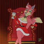  1:1 2019 animal_crossing anthro beverage big_breasts breasts canid canine canis chest_tuft cleavage clothed clothing eggnog female freya_(animal_crossing) fur hair looking_at_viewer mammal mistletoe nintendo pink_body pink_fur pink_hair plant sitting solo sparkpad tuft video_games wolf 