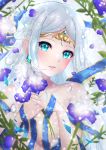  1girl bangs blue_eyes blue_ribbon breasts collarbone earrings flower highres iris_(shironeko_project) jewelry long_hair looking_at_viewer luxunshangxiang medium_breasts nude parted_bangs parted_lips purple_flower ribbon shironeko_project silver_hair solo upper_body 