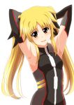  1girl armpits arms_behind_head arms_up azumaya_hironaru bare_shoulders black_gloves blonde_hair blush breasts elbow_gloves eyebrows_visible_through_hair fate_testarossa gloves hair_ornament hair_ribbon long_hair looking_at_viewer lyrical_nanoha mahou_shoujo_lyrical_nanoha mahou_shoujo_lyrical_nanoha_a&#039;s open_mouth red_eyes ribbon shiny shiny_hair simple_background small_breasts smile solo standing tongue twintails upper_body white_background 