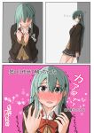  1girl absurdres blazer blush cardigan floral_background green_hair grey_eyes hair_ornament hairclip highres jacket jousanrou kantai_collection leaning long_hair pink_background remodel_(kantai_collection) ribbon skirt suzuya_(kantai_collection) sweatdrop translation_request trembling 