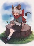  1girl animal animal_ears black_bow black_footwear black_skirt black_vest blush bow capelet closed_eyes cloud commentary day eyebrows_visible_through_hair full_body grass grey_hair highres holding holding_animal long_sleeves mouse mouse_ears mouse_tail nazrin outdoors petting prat_rat red_scarf scarf scarf_bow shirt shoes short_hair sitting skirt sky socks tail tail_bow touhou tree_stump vest white_legwear white_shirt 