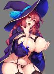  1girl blush braid breasts cape cleavage detached_sleeves glasses hat large_breasts lingerie long_hair navel nipples original ouma_tokiichi red_eyes red_hair solo thighhighs tongue tongue_out underwear witch 