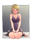  1girl blush border breasts brown_hair cleavage fingernails highres koizumi_hanayo love_live! love_live!_school_idol_project mahito medium_breasts nightgown on_bed purple_eyes seiza sitting white_border 