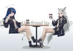  2girls alset animal_ears arknights bare_legs belt black_belt black_footwear black_jacket black_nails black_shorts blue_eyes blue_hair boots breasts chinese_commentary coffee_cup commentary_request crossed_legs cup disposable_cup full_body gradient gradient_background grey_background grey_eyes grin hair_ornament hairclip halo hand_up high_collar highres holding holding_cup horns invisible_chair jacket lappland_(arknights) long_hair long_sleeves looking_at_viewer medium_breasts midriff mostima_(arknights) multiple_girls nail_polish navel open_clothes open_jacket scar scar_across_eye shirt short_shorts shorts silver_hair sitting smile stomach table tail thighs white_background white_shirt wide_sleeves wolf_ears 