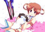  1girl azumaya_hironaru bare_shoulders black_gloves blue_eyes blush bow breasts brown_hair cherry_blossoms covered_navel eyebrows_visible_through_hair gloves groin hair_bow hair_ornament looking_at_viewer lying lyrical_nanoha mahou_shoujo_lyrical_nanoha mahou_shoujo_lyrical_nanoha_a&#039;s on_back open_mouth pink_background shiny shiny_hair short_hair short_twintails simple_background small_breasts smile solo sword takamachi_nanoha thighhighs twintails weapon white_legwear 