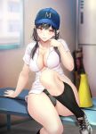  1girl arm_support bangs baseball_bat baseball_cap bench black_hair black_legwear blue_headwear blush breasts collarbone collared_shirt commentary_request dress_shirt eyebrows_visible_through_hair gentsuki greyscale hand_up hat highres indoors knee_up kneehighs lace lace_panties large_breasts locker locker_room long_hair looking_at_viewer low_twintails monochrome open_clothes open_shirt original panties parted_lips partially_unbuttoned shirt shoes short_sleeves sidelocks sitting sneakers solo thighs twintails underwear white_shirt window yellow_eyes 