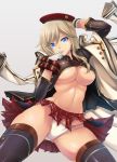  1girl aiguillette alisa_ilinichina_amiella ass_visible_through_thighs bangs beret black_legwear black_shirt blue_eyes boots bracelet breasts coat commentary_request cowboy_shot eyebrows_behind_hair gloves god_eater god_eater_3 grey_background grey_hair groin hand_on_headwear hand_on_own_face hat highres jacket_on_shoulders jewelry long_hair long_sleeves looking_at_viewer midriff navel open_clothes open_coat open_shirt panties parted_bangs plaid plaid_skirt red_headwear red_skirt shiny shiny_clothes shiny_skin shirt simple_background skirt skirt_lift smile solo thigh_boots thighhighs unbuttoned unbuttoned_shirt underboob underwear white_coat white_gloves white_panties yukiomi_haku zettai_ryouiki 