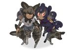 2girls african_wild_dog african_wild_dog_(kemono_friends) animal animal_ears animal_on_shoulder aye-aye aye-aye_(kemono_friends) bangs black_hair bodystocking boots bow bowtie closed_eyes closed_mouth dog dog_ears dog_tail dress elbow_gloves eyebrows_visible_through_hair gloves grey_hair highres igarashi_(nogiheta) kemono_friends kemono_friends_3 leaning_forward lemur_ears lemur_tail long_hair long_sleeves looking_at_another looking_at_viewer looking_to_the_side medium_hair multicolored_hair multiple_girls orange_eyes orange_sclera petting ponytail red_eyes short_over_long_sleeves short_sleeves simple_background sleeveless sleeveless_dress smile tail thighhighs two-tone_hair walking white_background zettai_ryouiki 