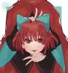  1girl aqua_bow black_shirt blush bow cape disembodied_head double_v eyebrows_visible_through_hair hair_bow hand_on_own_head high_collar highres holding_head long_sleeves looking_at_viewer nose_blush prat_rat red_cape red_eyes red_hair red_nails red_skirt sekibanki shirt short_hair signature skirt solo tongue tongue_out touhou upper_body v 