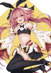  1boy absurdres astolfo_(fate) astolfo_(saber)_(fate) bangs bare_shoulders belt black_bow black_gloves black_legwear black_neckwear black_ribbon black_shirt black_skirt blush bow bowtie crop_top fate/grand_order fate_(series) faulds gloves hair_between_eyes hair_bow hair_intakes hair_ribbon highres long_hair long_sleeves looking_at_viewer low_twintails midriff multicolored_hair navel open_mouth otoko_no_ko pink_hair pleated_skirt purple_eyes ribbon rokita shirt skirt smile solo streaked_hair thighhighs thighs twintails white_hair wide_sleeves wing_collar 