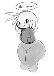  2019 alien ambiguous_gender anthro big_butt black_and_white bottomwear butt clothed clothing digital_drawing_(artwork) digital_media_(artwork) english_text hi_res huge_butt jacket looking_at_viewer momjeans monochrome pants puwa smile solo sqoon tendrils text thick_thighs topwear wide_hips 