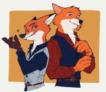 &lt;3 2019 anthro black_nose canid canine clothed clothing disney fox fur gloves_(marking) grainy half-closed_eyes hi_res licking licking_lips looking_aside looking_at_another male mammal markings narrowed_eyes nick_wilde orange_body orange_fur red_fox robin_hood robin_hood_(disney) simple_background tongue tongue_out topwear uochandayo vest white_body white_fur zootopia 