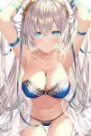  1girl anastasia_(fate/grand_order) aqua_eyes armpits arms_up bangs blue_bra blue_panties blue_ribbon blush bra breasts cleavage collarbone commentary_request cowboy_shot eyebrows_visible_through_hair fate/grand_order fate_(series) frilled_panties frills highres lace lace-trimmed_bra large_breasts long_hair looking_at_viewer panties parted_lips ribbon rin_yuu see-through silver_hair smile solo strapless strapless_bra thigh_gap underwear very_long_hair 